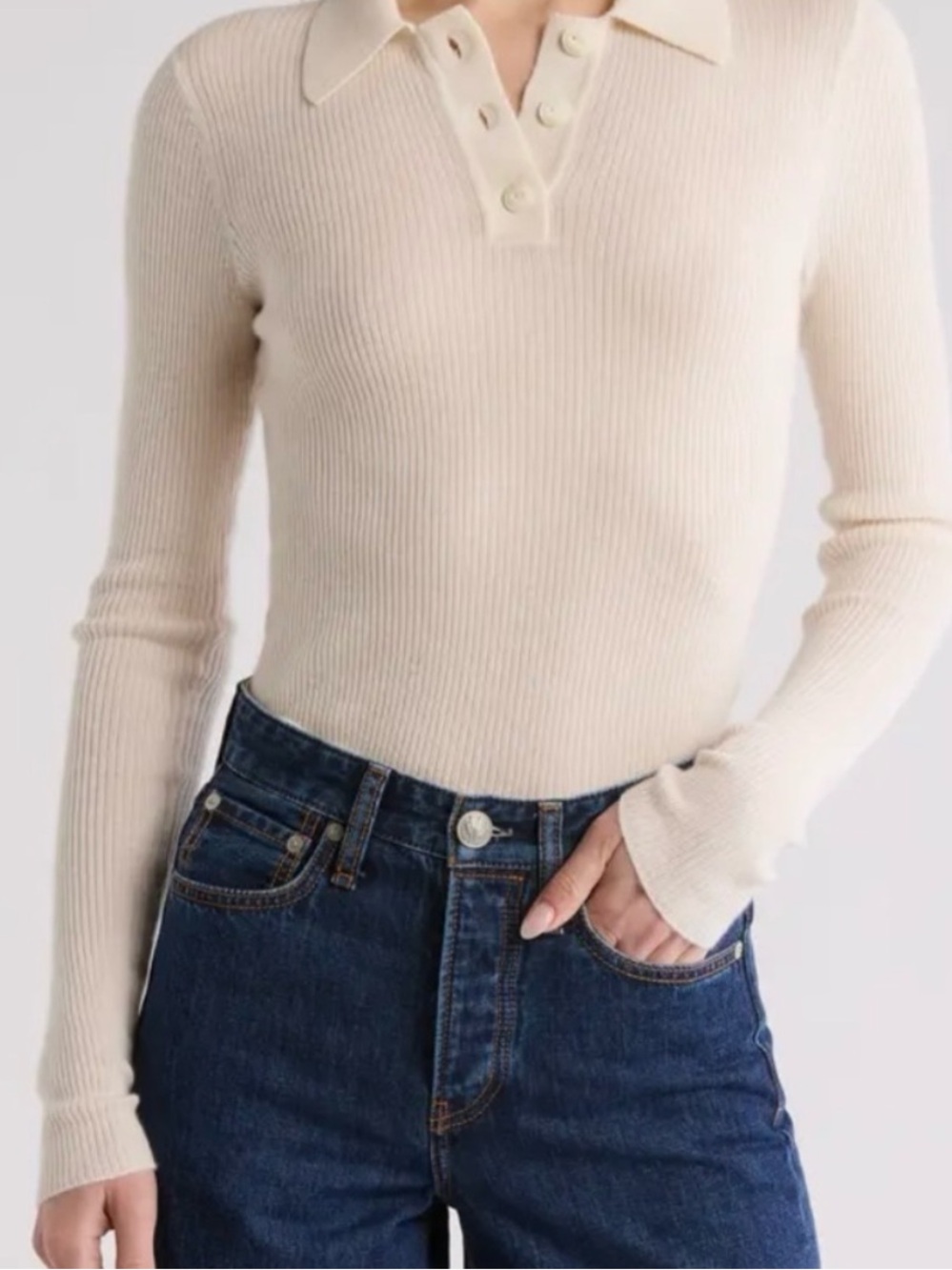 rag & bone Mandee Ribbed Cashmere Button-Up Polo Long Sleeve